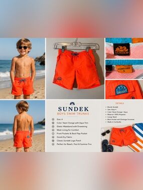 Sundek Boys Size 4 Neon Orange Swim Trunks Mesh Lined Board Shorts
